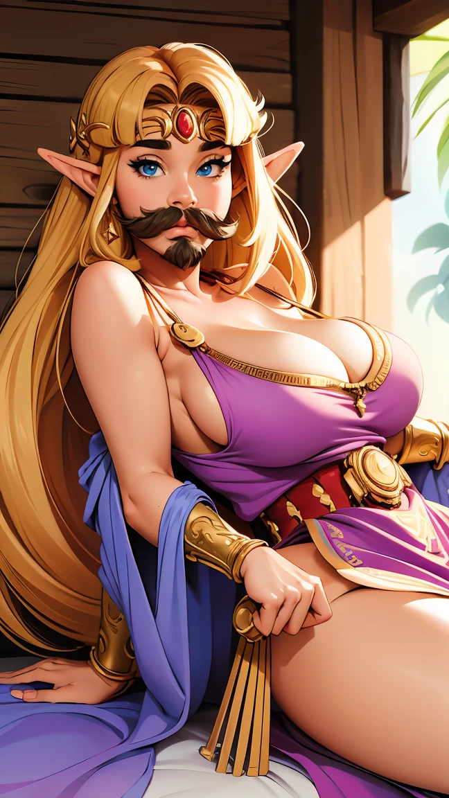 mustache, big mustache, beard, big beard, ((masterpiece)), ((best quality)), (detailed), perfect, solo, zelda, gorgeous woman with bikini, luscious lips, long hair, huge breast, deep cleavage, huge breasts, sexy, lying down