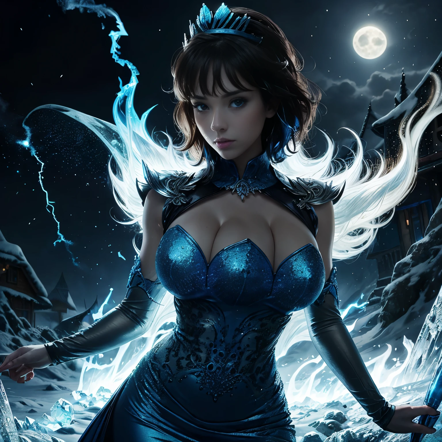 night, ((1 girl)), alone, masterpiece, 8k wallpaper, highres, absurdres, high quality background, short hair, black hair, multicolor hair, beautiful frozen village, (full bright moon), blue dress, detailed dress, jewelry dress, (magic:1.2), blue fire, blue eyes, glowing eyes, fire, ice goddess, (blue detailed beautiful crown), electricity, blue electricity, blue light particles, triboob_cleavage 