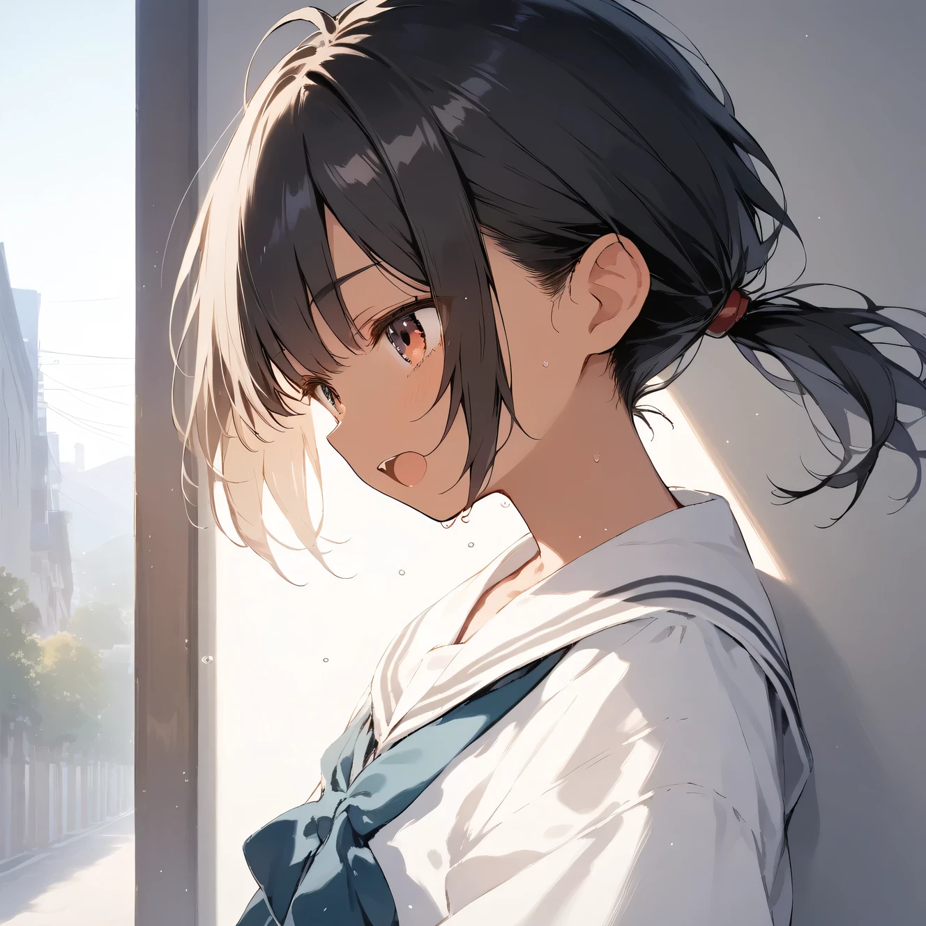 score_9, score_8_up, score_7_up, source_anime, best quality, masterpiece, official art, absurdres, highres, ultra-detailed,waifu2x,Collection: Slice of Life,break,1girl, tomboy, dark-skinned female, short hair, low ponytail, flat chest, beautiful detailed eyes, short shorts, sweat, open mouth, (yawn:0.3), sleepily, outdoors, wind,break,(clear line illustration:1.2), super detailed skin,very high resolution, very aesthetic, Best sexual lighting powered by famous artist, 8k,cute picture,beauty illustration,photoshop_(medium),,(Detailed Lighting),best anime 8k konachan wallpaper, pixiv contest winner,