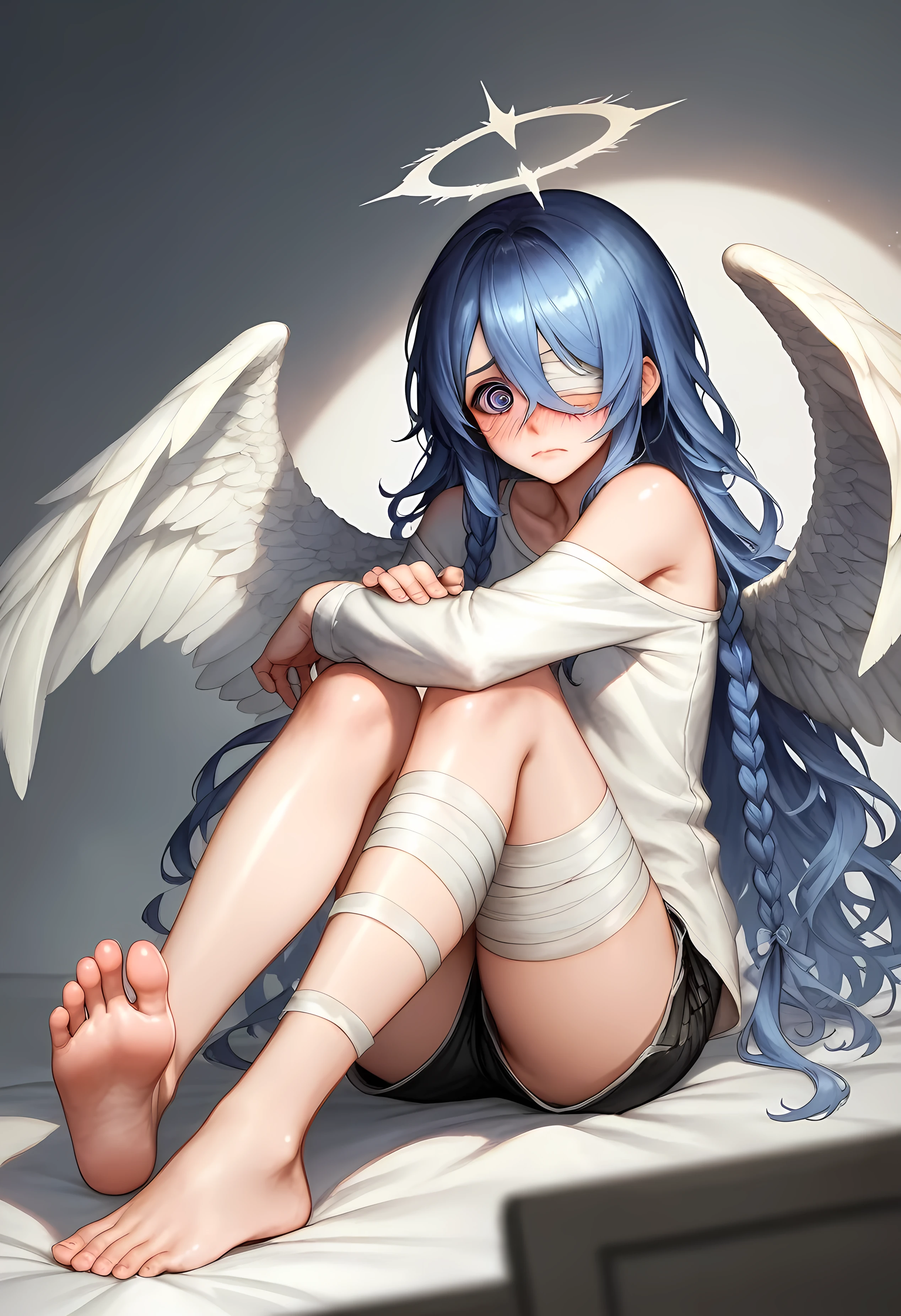 hiquality, hight resolution, ultra-detailliert, high-level image quality, hightquality, anime illustrated, (finely detailed beautiful eye: 1.2), Detailed eye depiction, (finely detailed eyes and detailed face:1.3), (extremely details CG, Best Shadow:1.1), Depth of field and blur, (Perfect Detail: 1.1) , digitial illustration, Enamel Art, Center, Watercolor painting, art stations, concept-art, character sheets, Lightning Wave, beautiful anime watercolors, Vibrant colors, Sharp Focus, art by:hyung tae kim, Fine detail, intricate detailes, Curvaceous body, Detailed eye depiction, Vibrant colors,((Nervous expression)) 1 girl, solo, purple eye, barefoot, closed mouth, left covering eye, bang covering left eye, hair on left eye, hair covered left eye, left eye hidden by hair, blue hair, simple background, looking at viewer, white t-shirt, two braids, bare shoulders, sitting, feet, bangs, toes,long sleeves, blush, blushing, bandages, soles, curly legs, ribbon on leg, long hair, shiny lips, shiny skin, scared, shiny hair, sunny day, dramatic lighting, official artwork, 8k, black mini shorts, wings background, angel wings, hair between eyes, bang on eye, hair on eye, one eye,