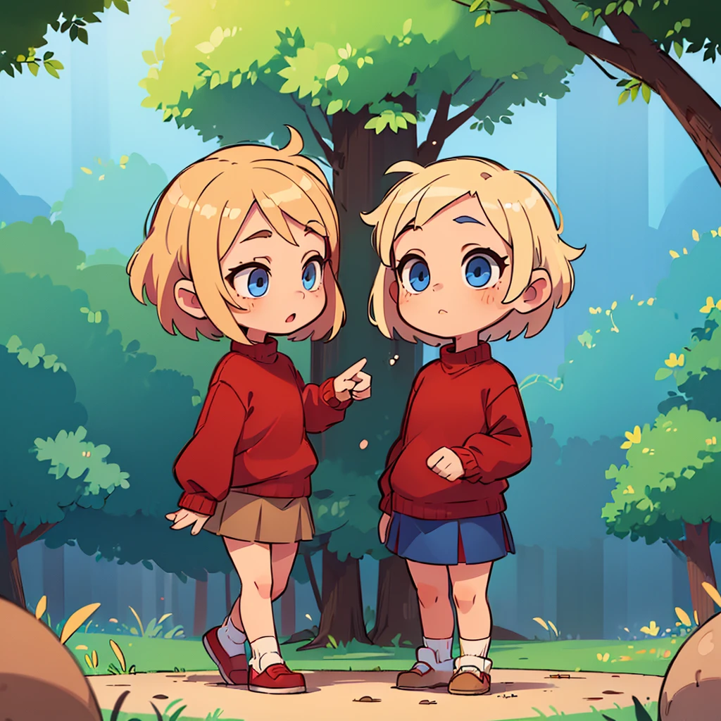 (masterpiece:1.4)、(１Little Girl in People:1.4)、Highest quality、(Blonde Short Hair:1.4)、(blue eyes:1.4)、Walking alone、(Red sweater:1.4)、(Brown mini skirt:1.4)、The background is the forest