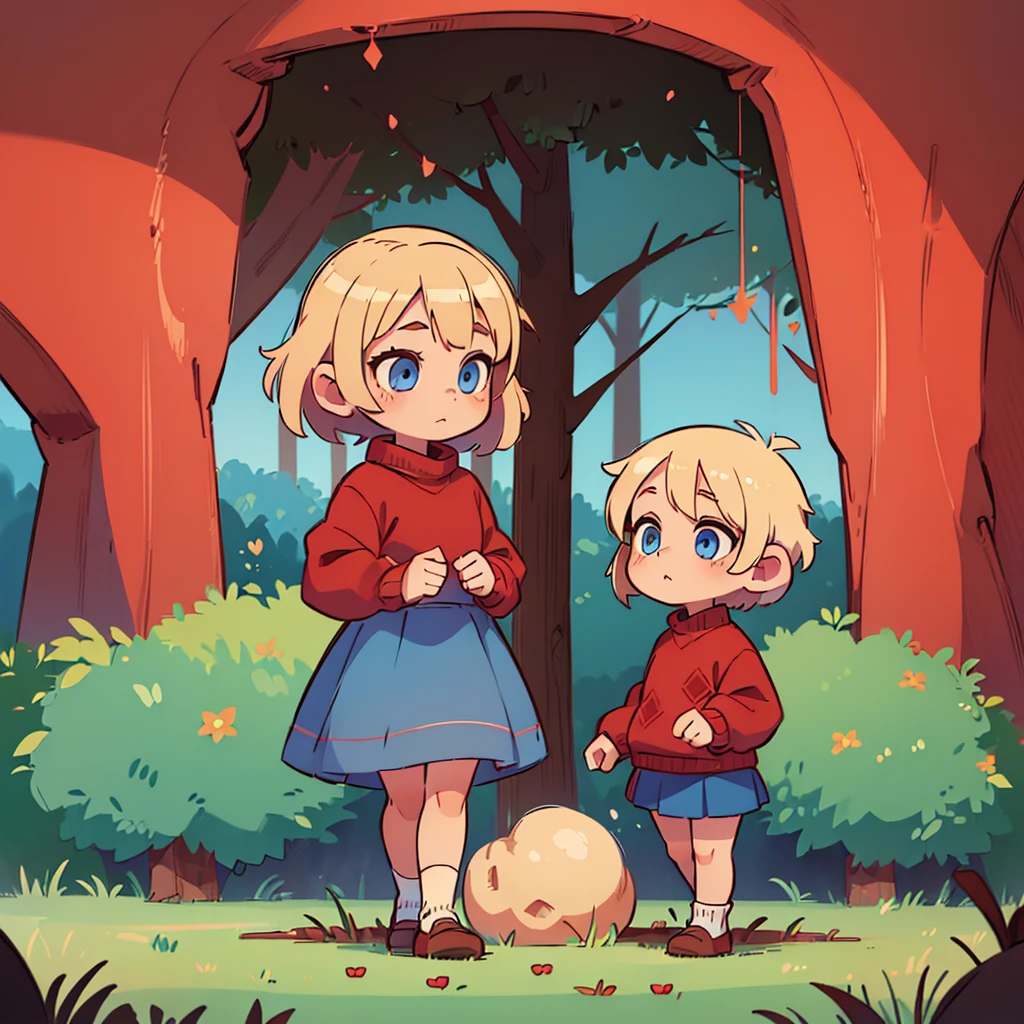 (masterpiece:1.4)、(1Little Girl in People:1.4)、Highest quality、(Blonde Short Hair:1.4)、(blue eyes:1.4)、Walking alone、(Red sweater:1.4)、(Brown mini skirt:1.4)、The background is the forest