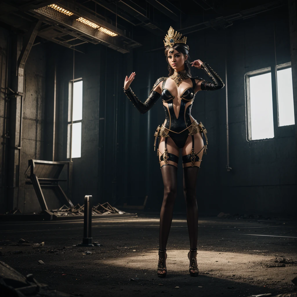 Full-body shot of an alluring woman in an extravagant, ancient-crown-inspired headpiece with futuristic embellishments. She has long legs and a highly seductive figure, with a face characterized by sharp, defined features and metallic accents. Her outfit is a transparent, form-fitting material with integrated glowing lines. Background: a post-apocalyptic setting with remnants of advanced technology. Pose: one hand raised, as if addressing an audience or controlling advanced technology, her stance both commanding and sensual.