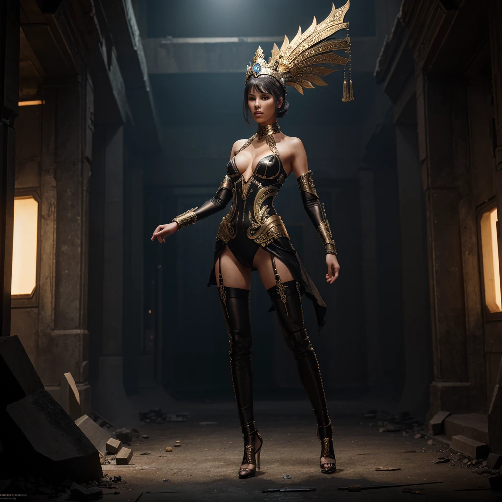 Full-body shot of an alluring woman in an extravagant, ancient-crown-inspired headpiece with futuristic embellishments. She has long legs and a highly seductive figure, with a face characterized by sharp, defined features and metallic accents. Her outfit is a transparent, form-fitting material with integrated glowing lines. Background: a post-apocalyptic setting with remnants of advanced technology. Pose: one hand raised, as if addressing an audience or controlling advanced technology, her stance both commanding and sensual.
