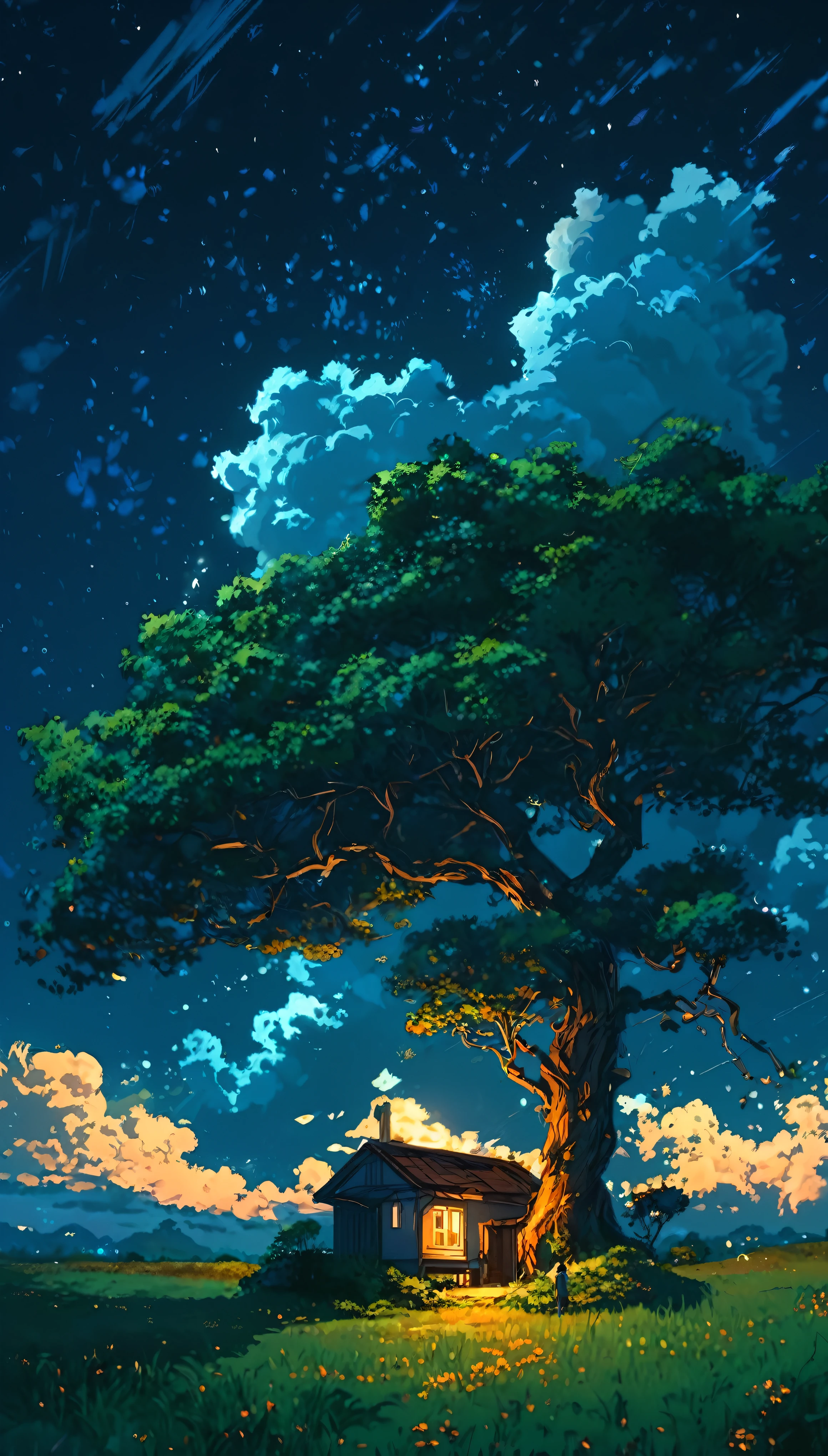 painting of a house under a tree in a field at night, makoto shinkai cyril rolando, anime art wallpaper 4k, anime art wallpaper 4 k, cyril rolando and goro fujita, anime background art, anime background, anime nature, by RHADS, anime art wallpaper 8 k, anime beautiful peace scene, anime landscape wallpaper