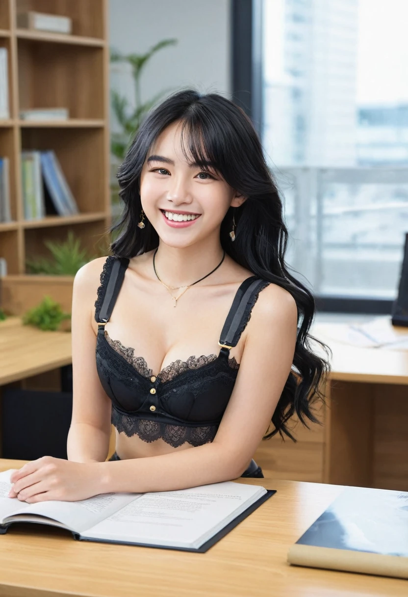 ((highest quality.8K、
masterpiece:1.3))、sharp:1.2、
perfect body beauty:1.4、 Slim
abs:1.2、((layered hairstyles、
huge :1.ung teen, k hair, brightly smiling, braces, black lingerie, cleavage, sitting on cedar desk in an office
