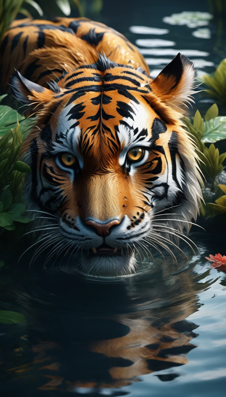 There is a creature in the water,Tiger head combined with dragon body(best quality,4K,8k,High level,masterpiece:1.2),Ultra Detailed,(lifelike,Photo real,Photo real:1.37),Highly detailed animals,Complex patterns,Realistic lighting,Fantasy Creatures