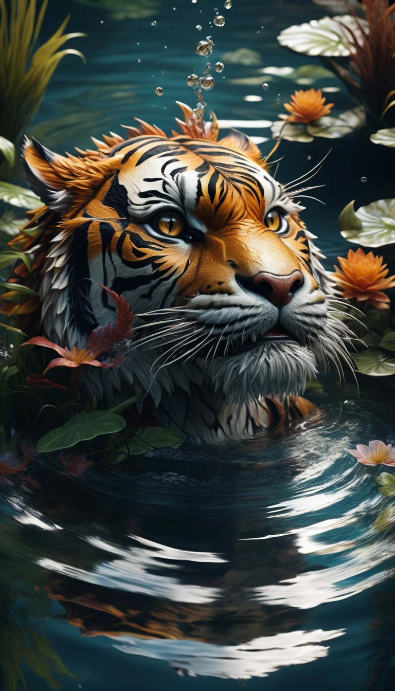 There is a creature in the water,Tiger head combined with dragon body(best quality,4K,8k,High level,masterpiece:1.2),Ultra Detailed,(lifelike,Photo real,Photo real:1.37),Highly detailed animals,Complex patterns,Realistic lighting,Fantasy Creatures