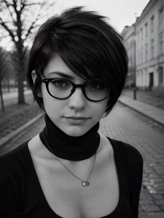 ((Monochrome Photography)), (black and white image), masterpiece, photo paper effect, Film grain, (((raw monochrome photo of a Soviet student in the style of the 80s))), filmed"Svema", Humanity, charming chubby Russian informal student 18 years old with aesthetic soft small natural breasts with beautiful soft pink nipples, round face, round cheeks, round chin, beautiful proportional small wide nose, dark brown eyes, long eyelashes, Sarcastic Look, glasses with lenses, plump sensual lips, ironic one-sided half-smile, ear piercing, very tousled dark brown tousled short hair, short, tousled, disheveled hair combed into a mohawk(rebellious 80s punk hairstyle), highlighting strands in fiery orange color, black turtleneck sweater, Portrait-Medium shot, Outdoors, sunny day, natural natural light, realistic human skin textures, Realistic clothing textures, realistic glasses with distorting lenses, reflections of sunlight on glasses lenses, A great backstory,