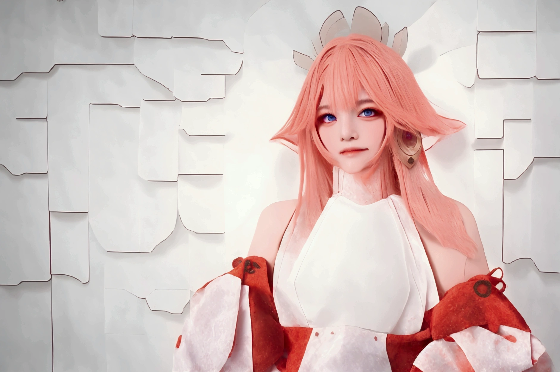 (Masterpiece, Excellent, 1girl, solo, complex details, color difference), realism, ((medium breath)), off-the-shoulders, big breasts, sexy, Yae Miko, long pink hair, red headdress, red highlight, hair above one eye, green eyes, earrings, sharp eyes, perfectly symmetrical figure, choker, neon shirt, open jacket, turtleneck sweater, against the wall, brick wall, graffiti, dim lighting, alley, looking at the audience, ((mean, seductive, charming)), ((cherry blossom background ))),((Japanese temple background)))), (((Glow-in-the-dark background)))