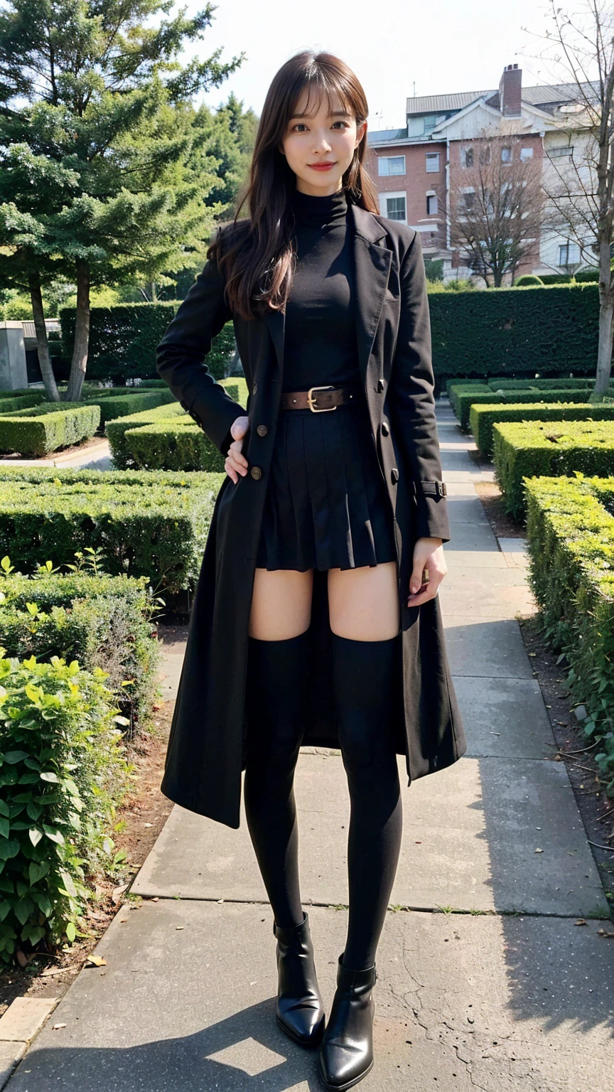 (8k、RAW Photos、Highest quality、masterpiece:1.2)、(Realistic、Realistic)、1 Girl、((Asymmetrical Skirt、long coat black、Slender legs、boots、one piece、tights、garden、View from the front、Looking at the camera、belt、Hands on your hips))、cute