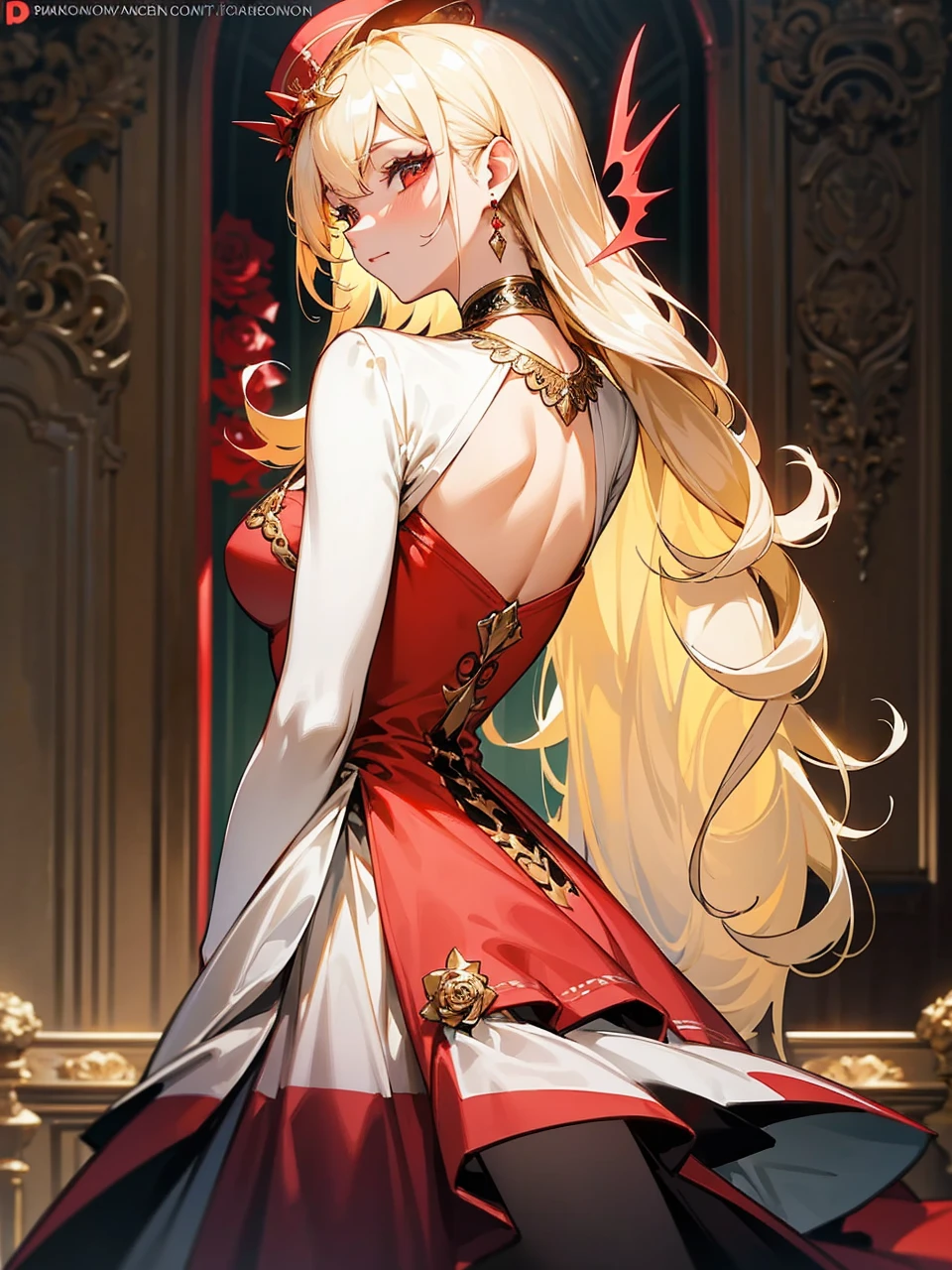 Add in roses to her dress, a good back dress design with some golden jewelry, make her dress into a red and white gown with a hat, give her some unique Jewelry, and make her look somewhat of a demonic angel like appearance to her