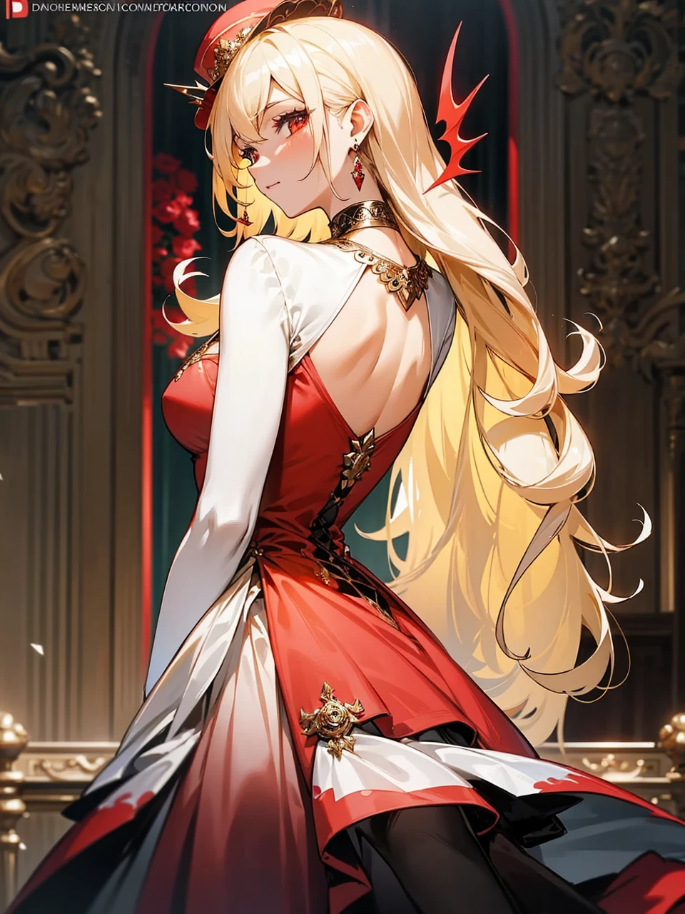 Add in roses to her dress, a good back dress design with some golden jewelry, make her dress into a red and white gown with a hat, give her some unique Jewelry, and make her look somewhat of a demonic angel like appearance to her