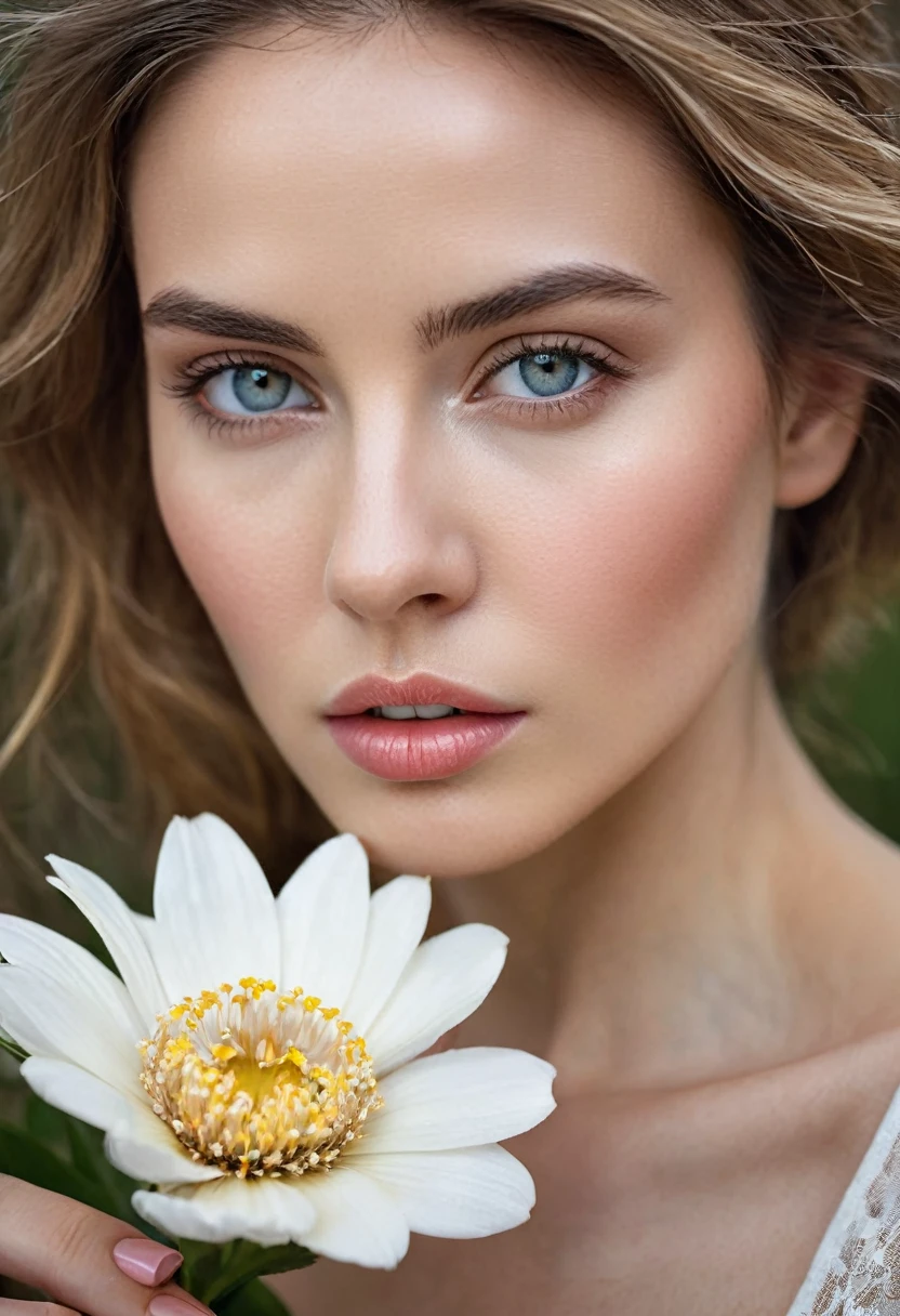 photo in raw format, zooming in on the intricate details of a woman's face, revealing her delicate skin and her expressive eyes. Frame the shot with a solitary striking flower, delicately held in the woman's hand, adding a touch of softness and femininity to the composition, enhancing the dramatic contrast and textures of the image.
