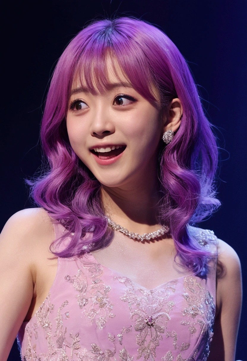 masterpiece、Very detailed、(One Girl:1.2)、Purple Hair、Pink Dress、Big eyes、Close-up、Laughter、8k、Ai Hoshino、Live Performance Venues、