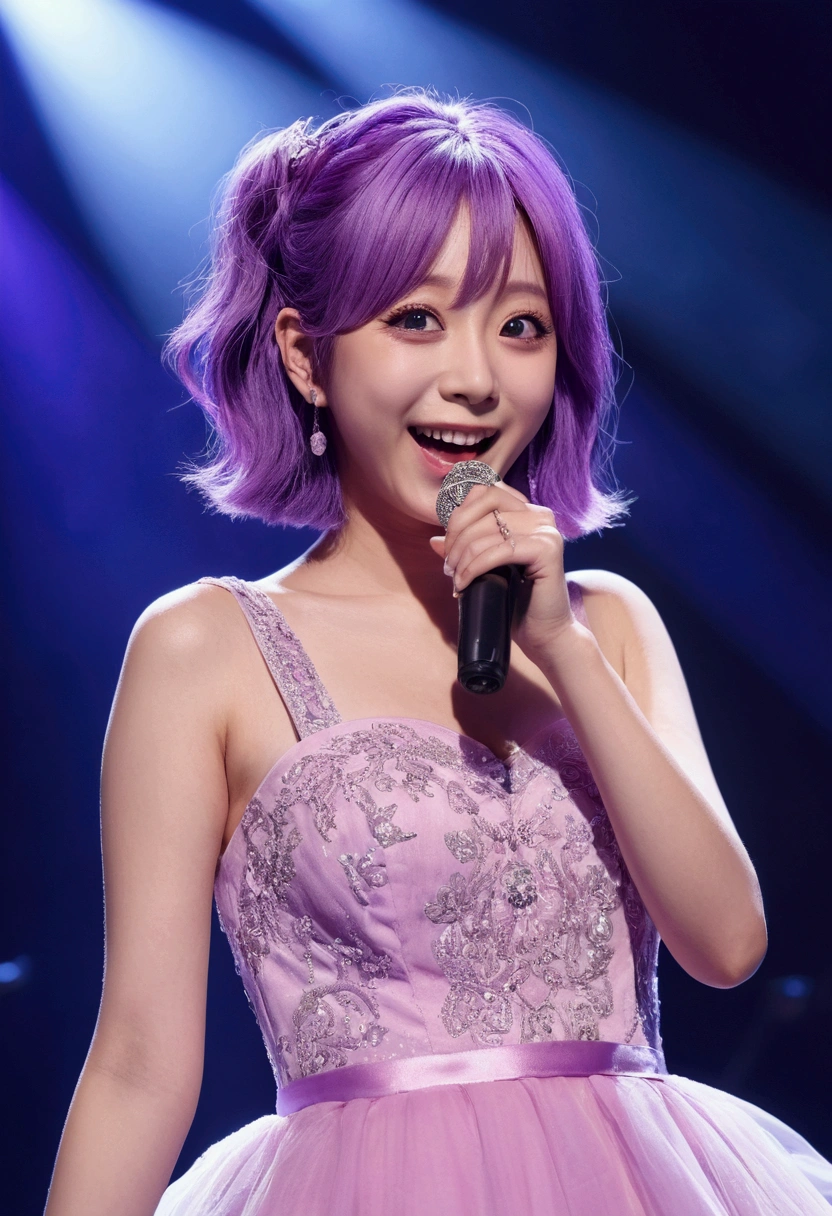 masterpiece、Very detailed、(One Girl:1.2)、Purple Hair、Pink Dress、Big eyes、Close-up、Laughter、8k、Ai Hoshino、Live Performance Venues、