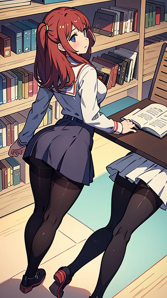 Back view,Pantyhose,high school girl,whole body,library