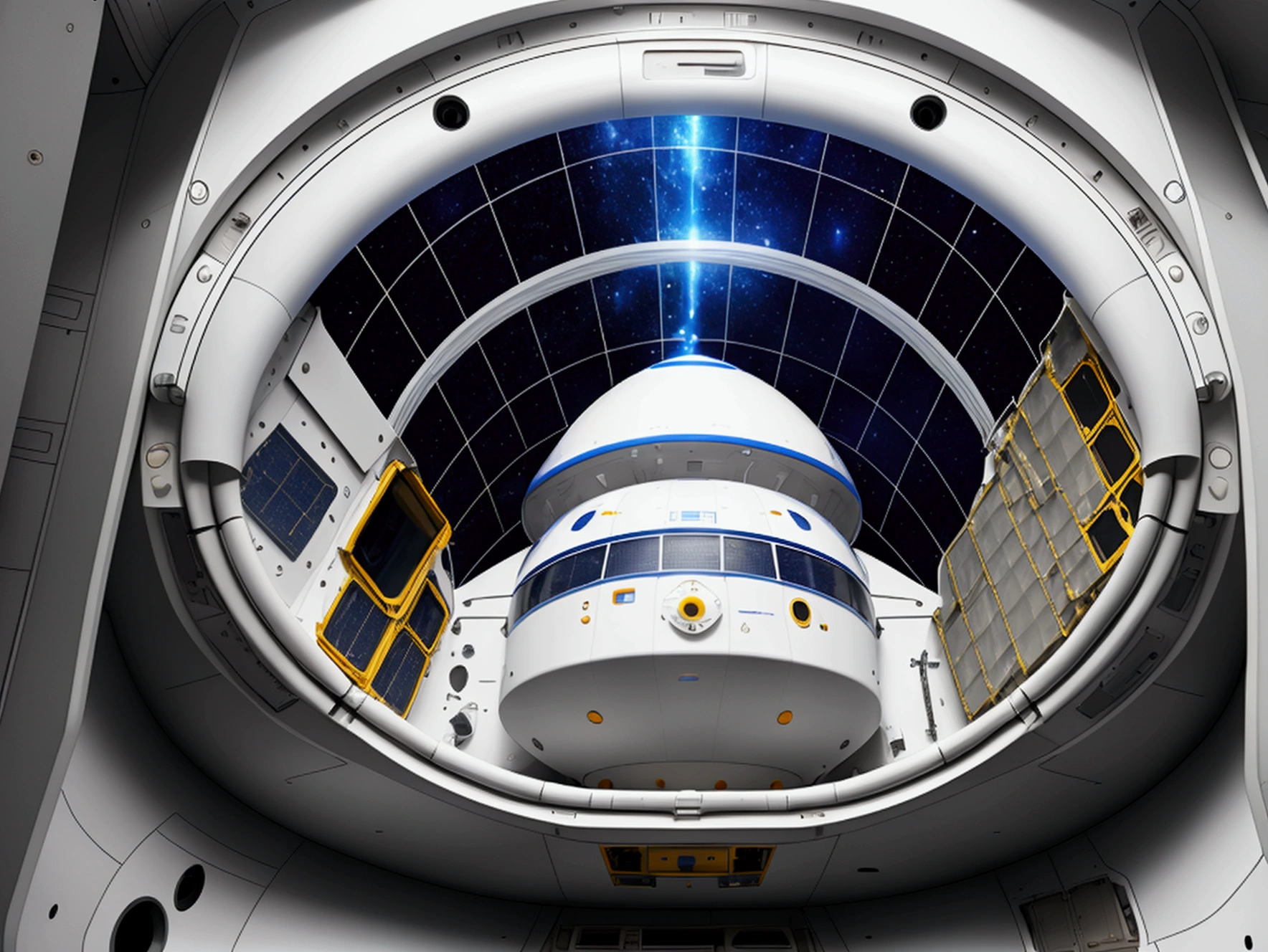 spacecraft, Space capsule, spacecraft內部, There are two large displays on the front, With round perspective window, Strong sense of technology, And the equipment details are clear and complete,Highly detailed and realistic space station interior,