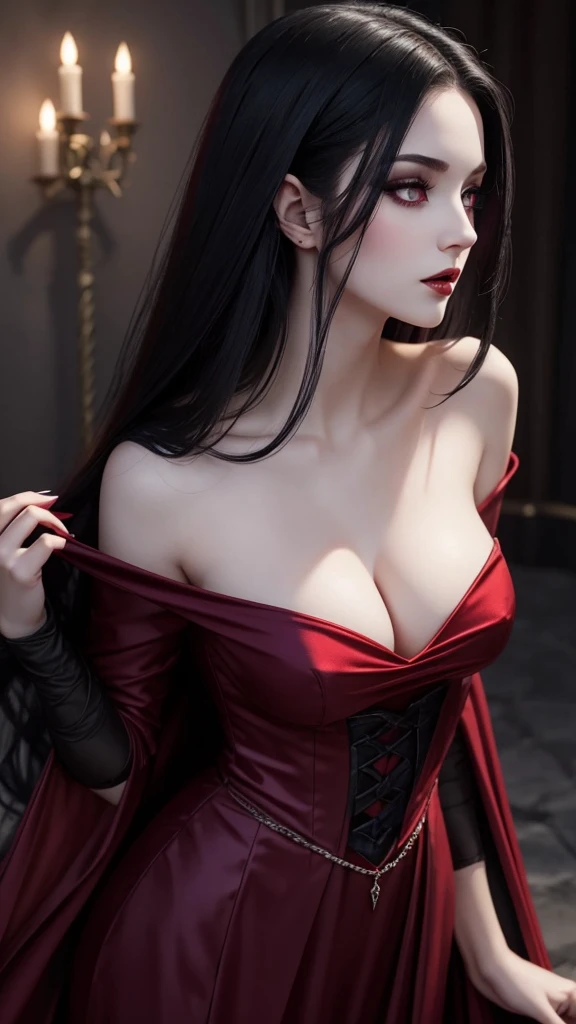 Create a beautiful vampire woman with a good curves , pale skin and purple eyes. Her hair is black and wears a red dress. Make her seductive like an enchantress . She should also look as if she is in love