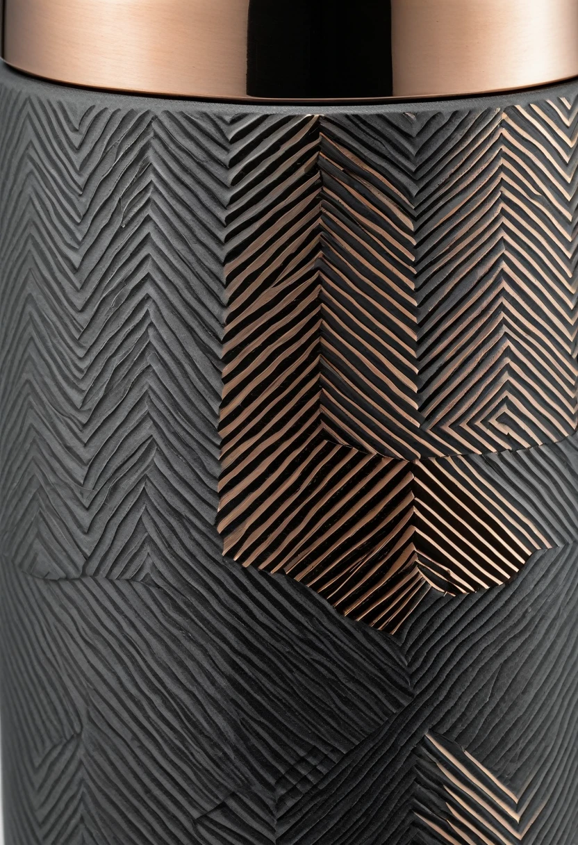 Create a photorealistic image of a luxury insulated tumbler. Two-tone design: upper third in polished rose gold with embossed honeycomb pattern, lower two-thirds in matte gray with intricate 3D geometric texture. Black matte lid with matching geometric pattern, slightly recessed. Cylindrical shape with slight taper. 8 inches tall, 500ml capacity. Double-wall insulated construction implied. Closeup view showing detail of patterns and material transition. Clean, minimal background emphasizing the tumbler's premium aesthetic. High-end product photography style with soft, even lighting to highlight textures and metallic finish