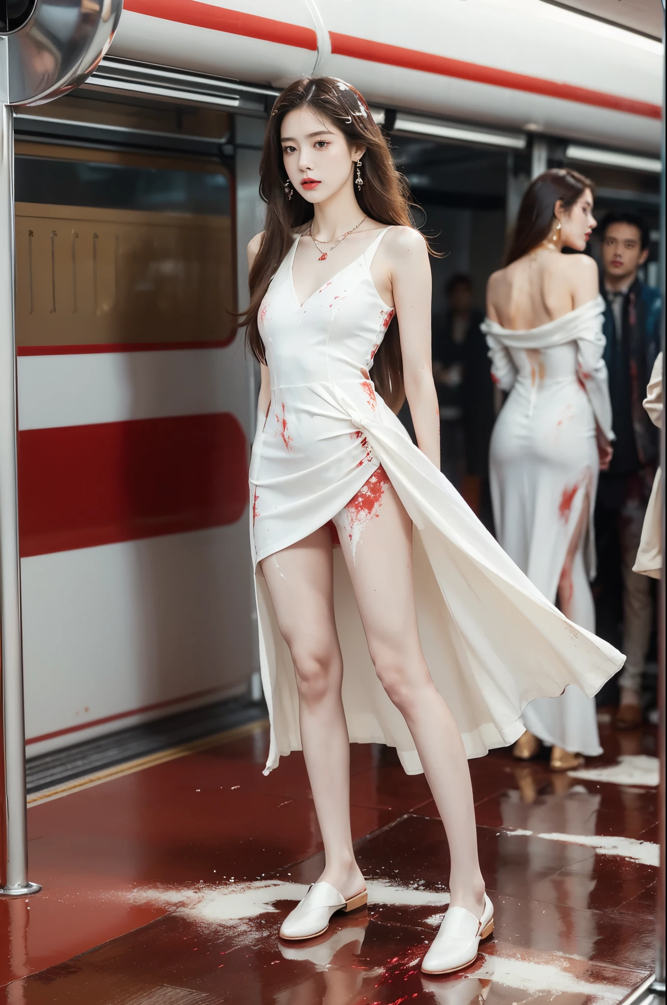 (((best quality))),(((ultra detailed))),(((masterpiece))),illustration,(a stunning girl,solo),(shoulder length straight hair:1.2),((earrings,necklace)),((slim,thin)),((small breasts,flat chest)),(slender legs:1.2),(nude pantyhose:1.3),(loafers:1.2),(standing:1.3), ((awkwardly,painful,embarrassed)),(In modern high-speed railway carriages:1.3),(maxi white dress splattered with red paint stains:1.5),(pantyhose:1.3),(surrounded by crowded crowds:1.3),((from front,full body)),(arms behind back:1.3)