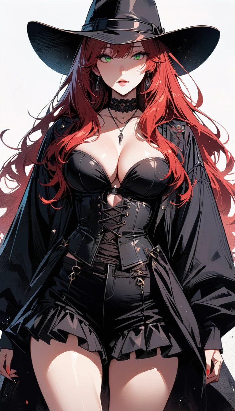 Adult woman, Long red hair, Brown eyes, eyeglasses, red lipstick, large breasts, Black Dense Overall Shape, evil, smirk, fetters, open breasts, Masterpiece, hiquality, 4k, HD, Good detail