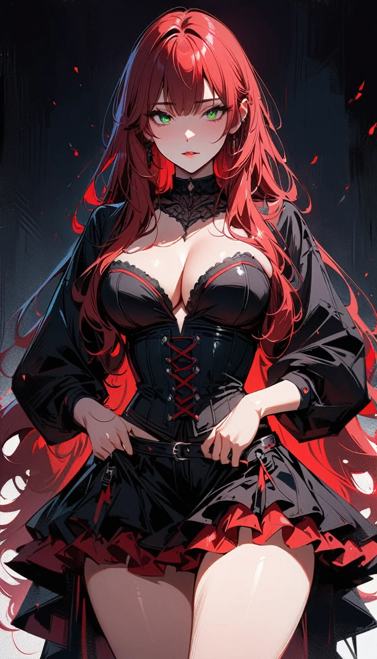 (high quality, 8k, 4K, high contrast, artwork:1.2, high quality, best aesthetics), (centered), ((1 woman)), erotic, sensual, mature body, super detailed, beautiful face detailed, beautiful eyes detailed, detailed beautiful mouth, perfect breats, perfect wide thighs, (red hair), (long red hair), (messy red hair), (green eyes), (gentle calm expression), (piercing gaze), (looking at viewer), (black cowboy hat), (red and black corset), (cleavage on the breasts), (long red and black ruffled skirt), (women's cowboy clothes), (standing), (front view)