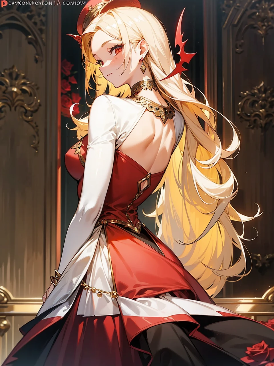 Add in roses to her dress, a good back dress design with some golden jewelry, make her dress into a red and white gown with a hat, give her some unique Jewelry, and make her look somewhat of a demonic angel like appearance to her