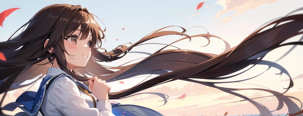 A side profile of a very beautiful young lady, she has long brown hair, her hair flew by the wind, beautiful smile, she's so beautiful, close to camera