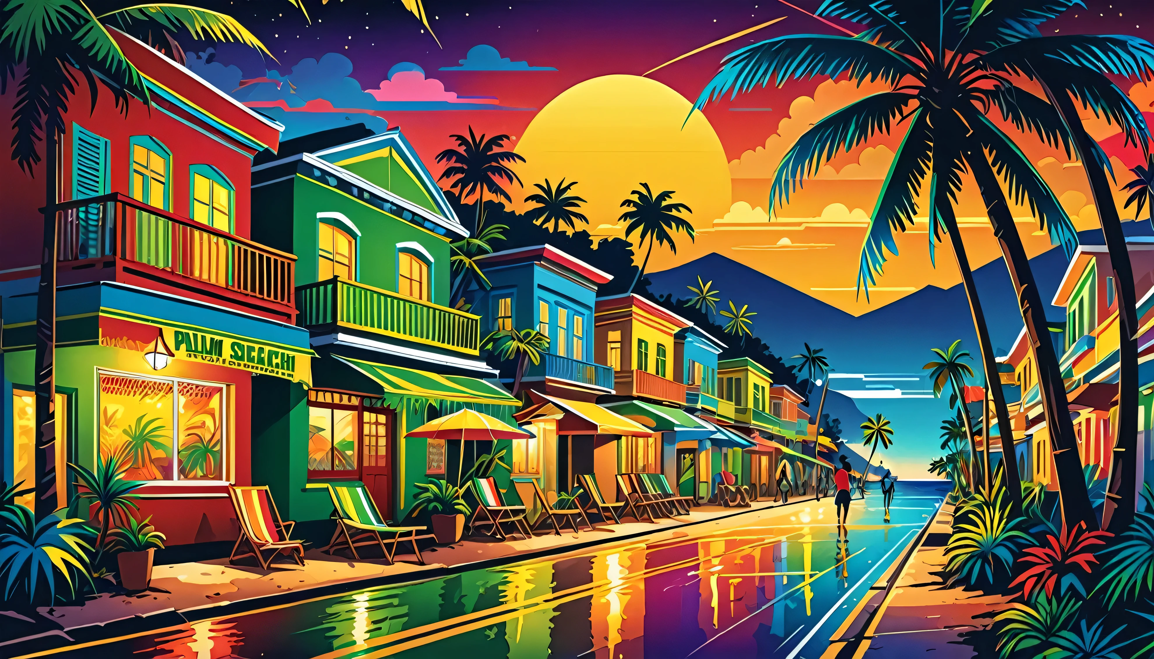 Vector art, Lots of Jamaican Reggae, Authentic Jamaican reggae music atmosphere, Chic colors,Attention to detail,
Streetscape,Shield of David,Rastafarian,Full Luster Color,Palm tree,Half of the beach.City of night