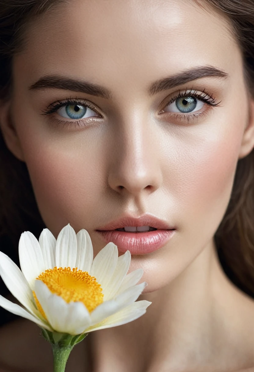 photo in raw format, zooming in on the intricate details of a woman's face, revealing her delicate skin and her expressive eyes. Frame the shot with a solitary striking flower, delicately held in the woman's hand, adding a touch of softness and femininity to the composition, enhancing the dramatic contrast and textures of the image.