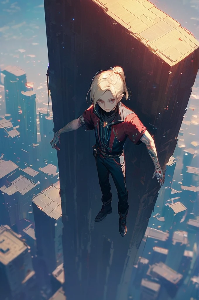 ((Лучшее качество)), ((шедевр)), (подробный), a guy dressed in cyberpunk style, with tattoos on his arms, blond, haircut, shaved temples and ponytail, arms spread apart, blood dripping from his hands, stands over a precipice, the city is visible in the distance