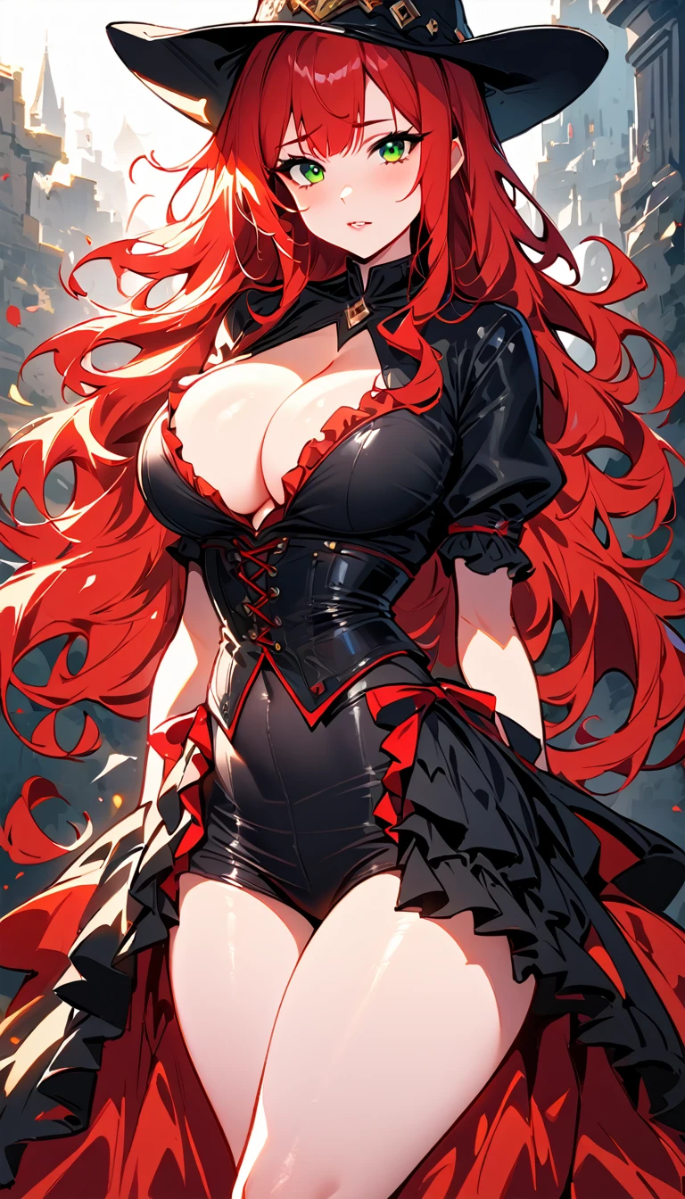 (high quality, 8k, 4K, high contrast, artwork:1.2, high quality, best aesthetics), (centered), ((1 woman)), erotic, sensual, mature body, super detailed, beautiful face detailed, beautiful eyes detailed, detailed beautiful mouth, perfect breats, perfect wide thighs, (red hair), (long red hair), (messy red hair), (green eyes), (gentle calm expression), (piercing gaze), (looking at viewer), (black cowboy hat), (red and black corset), (cleavage on the breasts), (long red and black ruffled skirt), (women's cowboy clothes), (standing), (front view)