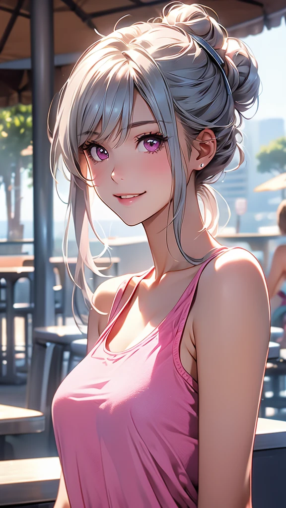 １girl、ultra long silver hair tied in a bun with a hair clip, Pink Eyes、smile、really like、Pink tank top、hot pants、Upper body close-up、Morning Cafe Terrace、Background blur, Written boundary depth