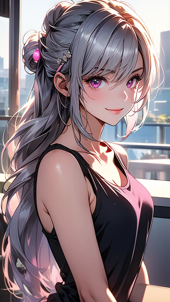 1girl、ultra long silver hair tied in a bun with a hair clip, Pink Eyes、smile、really like、Pink tank top、hot pants、Upper body close-up、Morning Cafe Terrace、Background blur, Written boundary depth