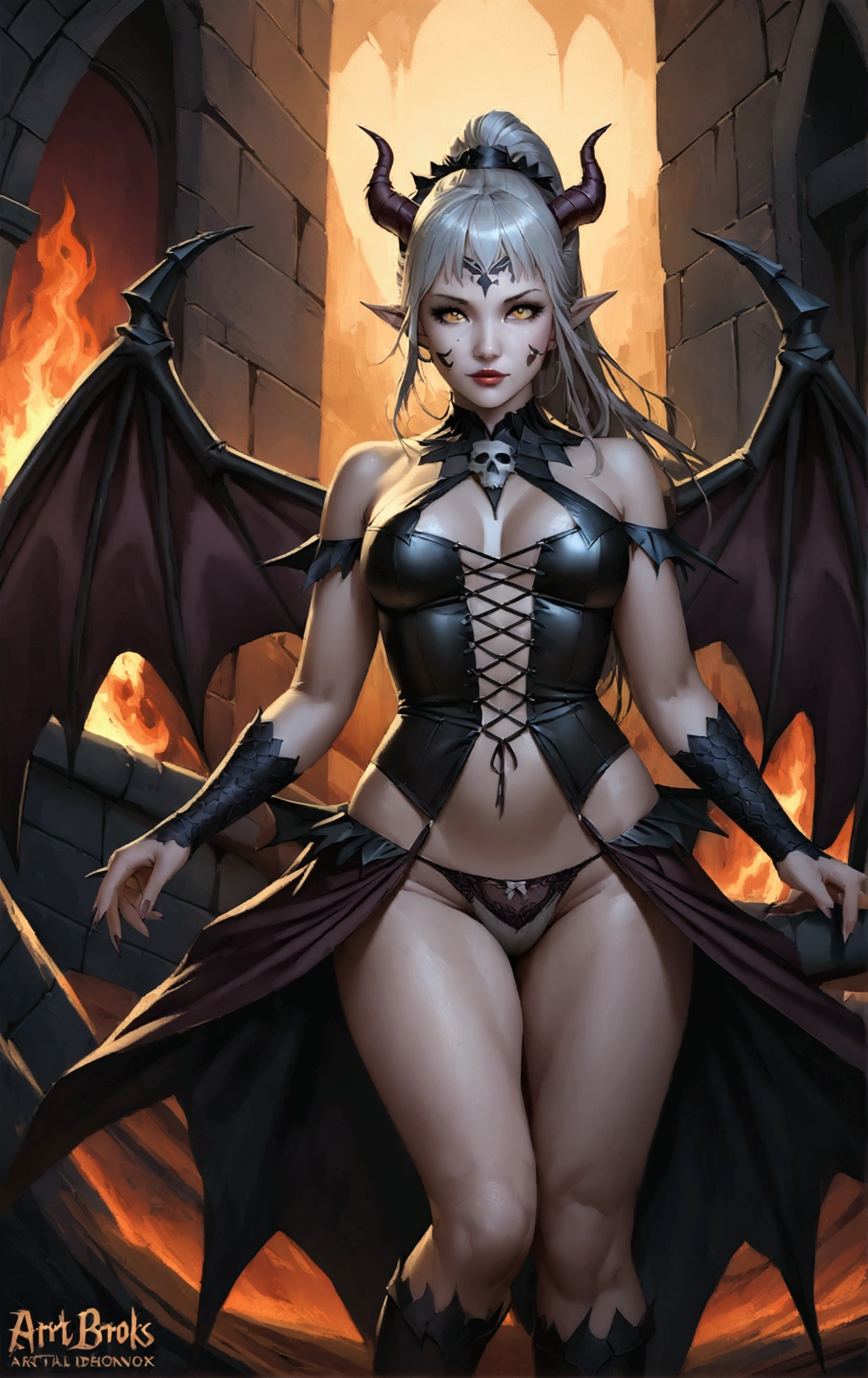 Photo realistic, ultra-detailed, 1girl, mature, milf, 50 years old, full body portrait, ancient succubus, athletic, day of the dead facepaint, white high ponytail hair, straddling over the camera with legs spread wide open, open legs, see through lowleg panties, firey, dragon scale demon wings, horns, fire and brimstone eruprions, scary detailed art in color, aroused expression, busty, curvy hips, sexy, alluring, posing with open legs, sheer hipster panties, highly detailed fantasy art, beautiful fantasy art portrait, intricate detailed digital art, highly detailed digital painting, digital art fantasy art, mark brooks detailed, detailed fantasy digital art, amazing detail digital art, close-up portrait demoness skull,