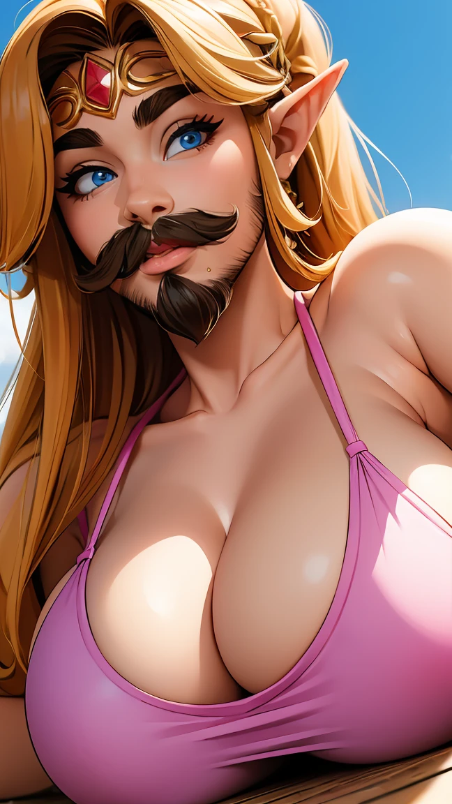 mustache, big mustache,fake beard, big beard, ((masterpiece)), ((best quality)), (detailed), perfect, solo, zelda, gorgeous woman with bikini, luscious lips, long hair, huge breast, deep cleavage, huge breasts, sexy, lying down