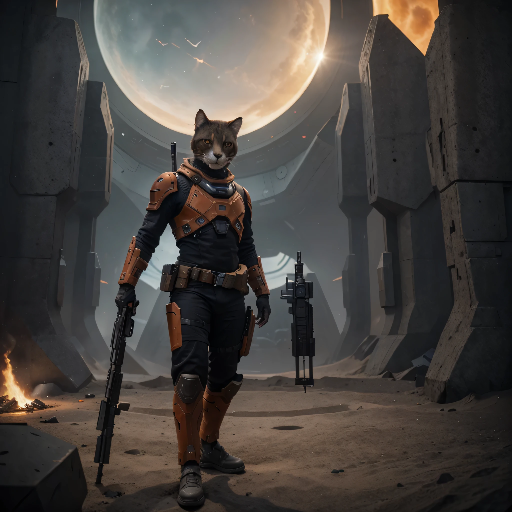 there is a anthropomorphic cat holding a gun in front of a spaceship, hyperrealistic fantasy art, doom eternal, heaven planet in background, inspired by Jan Victors, in foreground boy with shotgun, orianna, grey orange, dune (2021) --ar 16:9 --v 5.1