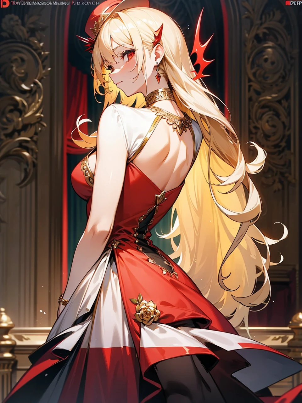 Add in roses to her dress, a good back dress design with some golden jewelry, make her dress into a red and white gown with a hat, give her some unique Jewelry, and make her look somewhat of a demonic angel like appearance to her