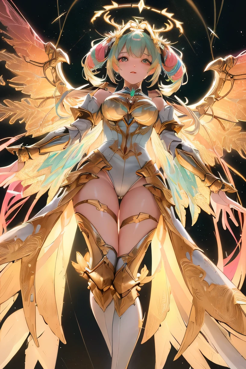 (best quality, masterpiece, colorful, dynamic angle, from below, highest detailed)upper body photo, full body photo, fashion photography of cute mechangel, glowing 4 wings, solo, glowing armor, glowing halo, building, glowing mechanical 4 wings (intricate details, hyperdetailed:1.15), detailed, light passing through hair, (official art, extreme detailed, highest detailed), HDR+