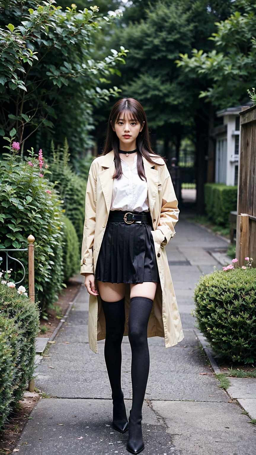 (8k、RAW Photos、Highest quality、masterpiece:1.2)、(Realistic、Realistic)、1 Girl、((Asymmetrical Skirt、long coat black、Slender legs、boots、one piece、tights、garden、View from the front、Looking at the camera、belt、Hands on your hips))、cute