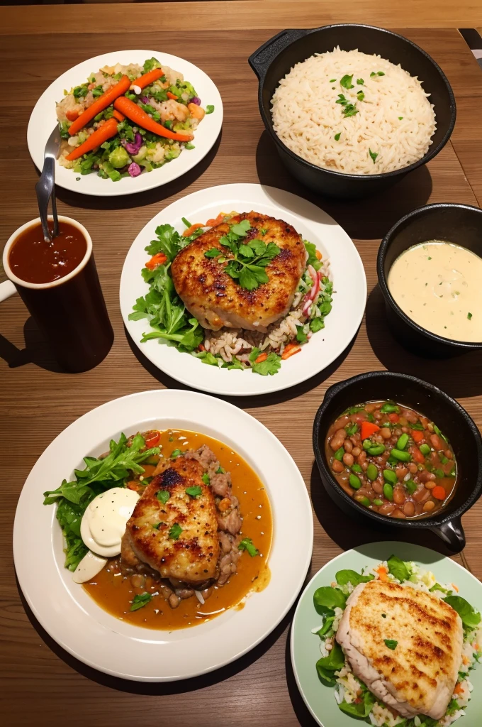 rice, bean, Pot meat, Chicken fillet with roti sauce, Rustic potato, Sautéed Carrot and Salad.
