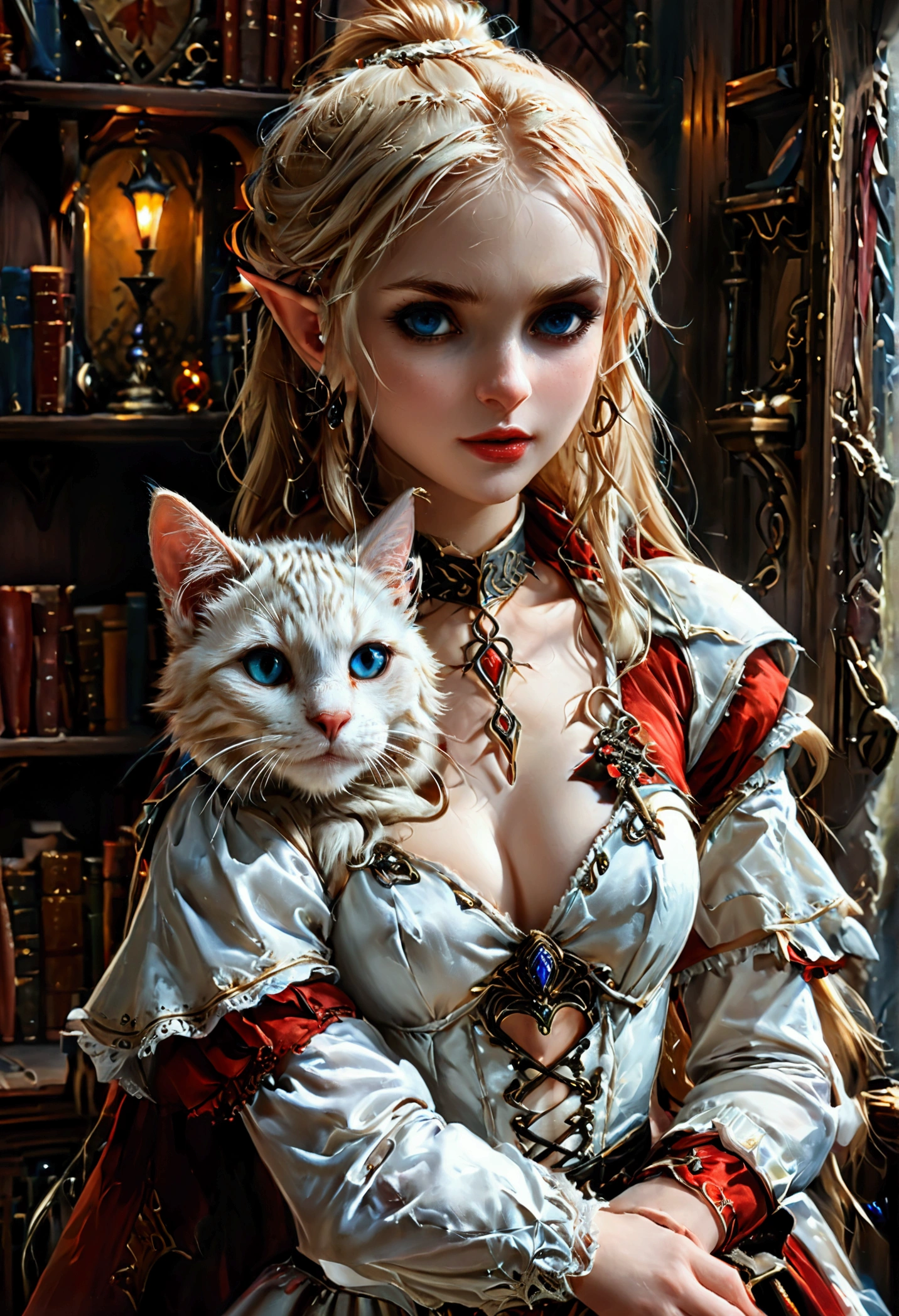 arafed a picture of elf vampire in her castle and her pet epic cat an exquisite beautiful female elf vampire (ultra details, Masterpiece, best quality), bloody mouth blond hair, pale skin, hair in a ponytail, long hair, blue eyes, cold eyes, smirking, wearing white dress (ultra details, Masterpiece, best quality), red cloak, in dark fantasy library, with an ((big cat: 1.3)) (ultra details, Masterpiece, best quality: 1.5) book shelves, arafed high details, best quality, 16k, [ultra detailed], masterpiece, best quality, (ultra detailed), full body, ultra wide shot, photorealism, RAW, dark fantasy art, gothic art, ArmoredDress, Dark Novel, Dark Art Painting Style, Bloodborne