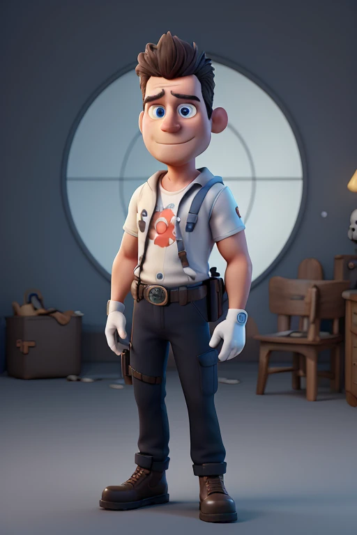3D character, a very tall man wearing a black commando attire, bodybuilder, very short black hair, blue eyes, cute big circular reflective eyes, big white gloves, white combat boots, white ammunition belt, black t-shirt with skull motif, skull logo on his chest, holding a 45 colt pistol, (cinematic composition), (pixar style:1.2), (CGI animation: 1.2), (Disney: 1.2), (cartoon: 0.2), (best quality, masterpiece, 4k, ultra detailed, sharp focus, 8k, high definition:1.2), (by Danny Mac 3D, by Follygon), (masterpiece: 1.2), absurdres