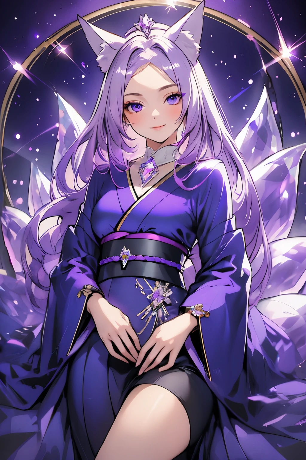 ((best quality)), ((masterpiece)), (detailed), detailed eyes, detailed hands, full-length body image, female humanoid kitsune, wearing a short kimono, crystal crown on top of her head, light purple hair, light purple fox ears, 2 purple crystal fox tails, 1 crystal eight-pointed star shape on forehead, delicate and beautiful detailing, beautiful face, well-proportioned detailed purple eyes, round detailed purple eyes and makeup, beautiful detailed and clear purple eyes, volume smooth and sharp, long flat bangs, fictional art, best photos, best quality, very beautiful and meticulous eight-pointed crystal star on forehead, delicate, mouth closed smile, not fully smiling