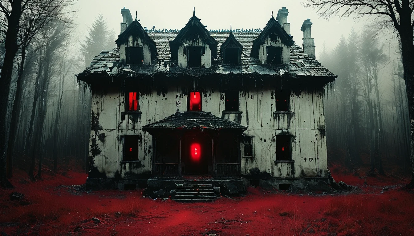 cinematic photo haunted house in a forest, red lights coming out of windows 35mm photograph, film, bokeh, professional, 4k, highly detailed