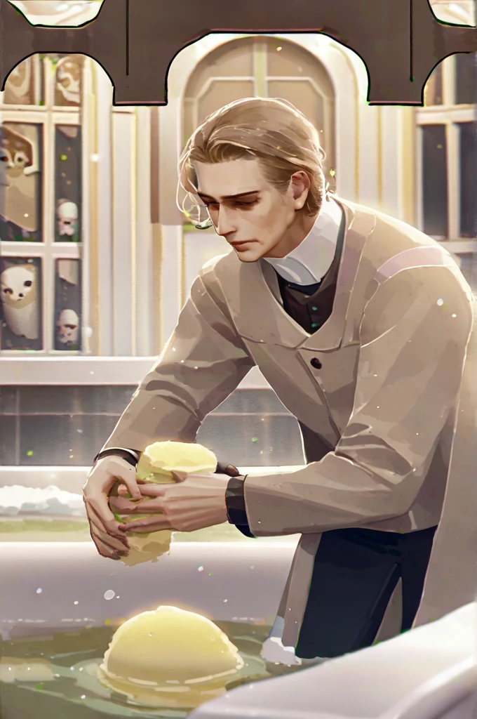 ((Лучшее качество)), ((шедевр)), (подробный), the husband is washing the bath, and in his hands he has a little wife