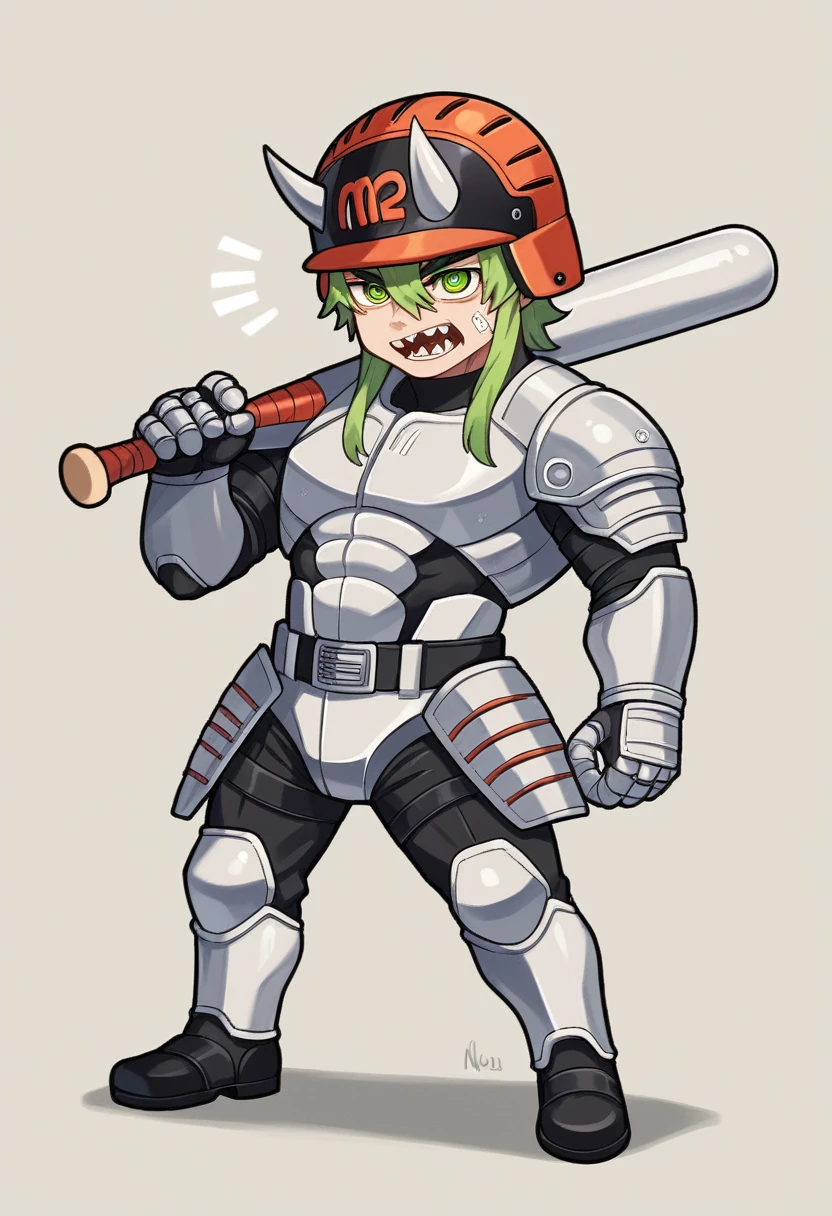 cartoon image of a man with a baseball bat and a helmet, inspired by Jason Teraoka, inspired by Awataguchi Takamitsu, in the art style of quetzecoatl, newgrounds, chibi, wario as the armored titan, chainsaw man, 2 d sprite, videogame sprite, monstergirl, oni horns, sprite 2 d, demon