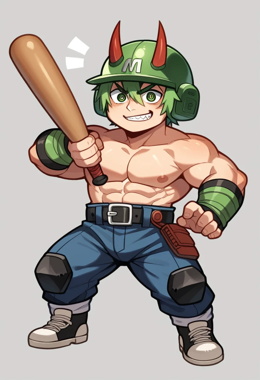 cartoon image of a man with a baseball bat and a helmet, inspired by Jason Teraoka, inspired by Awataguchi Takamitsu, in the art style of quetzecoatl, newgrounds, chibi, wario as the armored titan, chainsaw man, 2 d sprite, videogame sprite, monstergirl, oni horns, sprite 2 d, demon