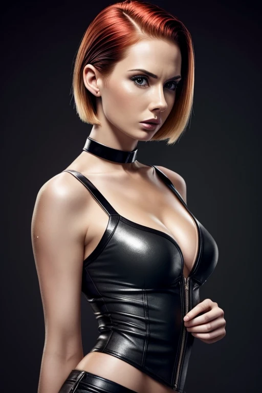 Gorgeous european woman with short hair, wet hair, hair slicked back, combed straight back, slick hair, streaked black hair, seductive pose, karen gillan, dressed as an anime cosplay character, cleavage, solid dark grey background